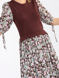 WOMEN'S 3/4 SLEEVES FRONT SLIT FLORAL PRINT CONTRAST MAXI DRESS