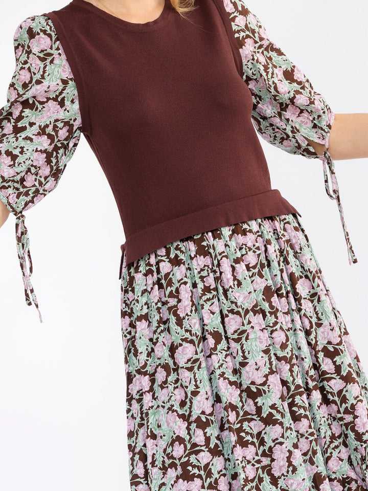 WOMEN'S 3/4 SLEEVES FRONT SLIT FLORAL PRINT CONTRAST MAXI DRESS