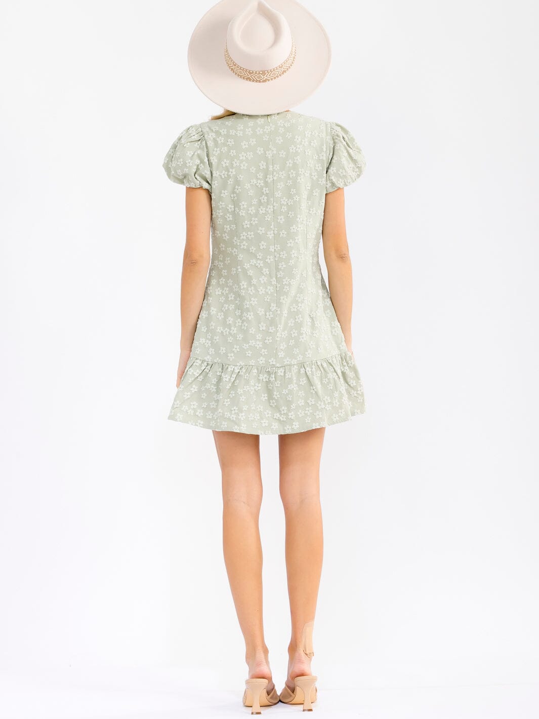 WOMEN'S SHORT PUFF SLEEVE RUFFLE BOTTOM HEM FLORAL DETAILED MINI DRESS