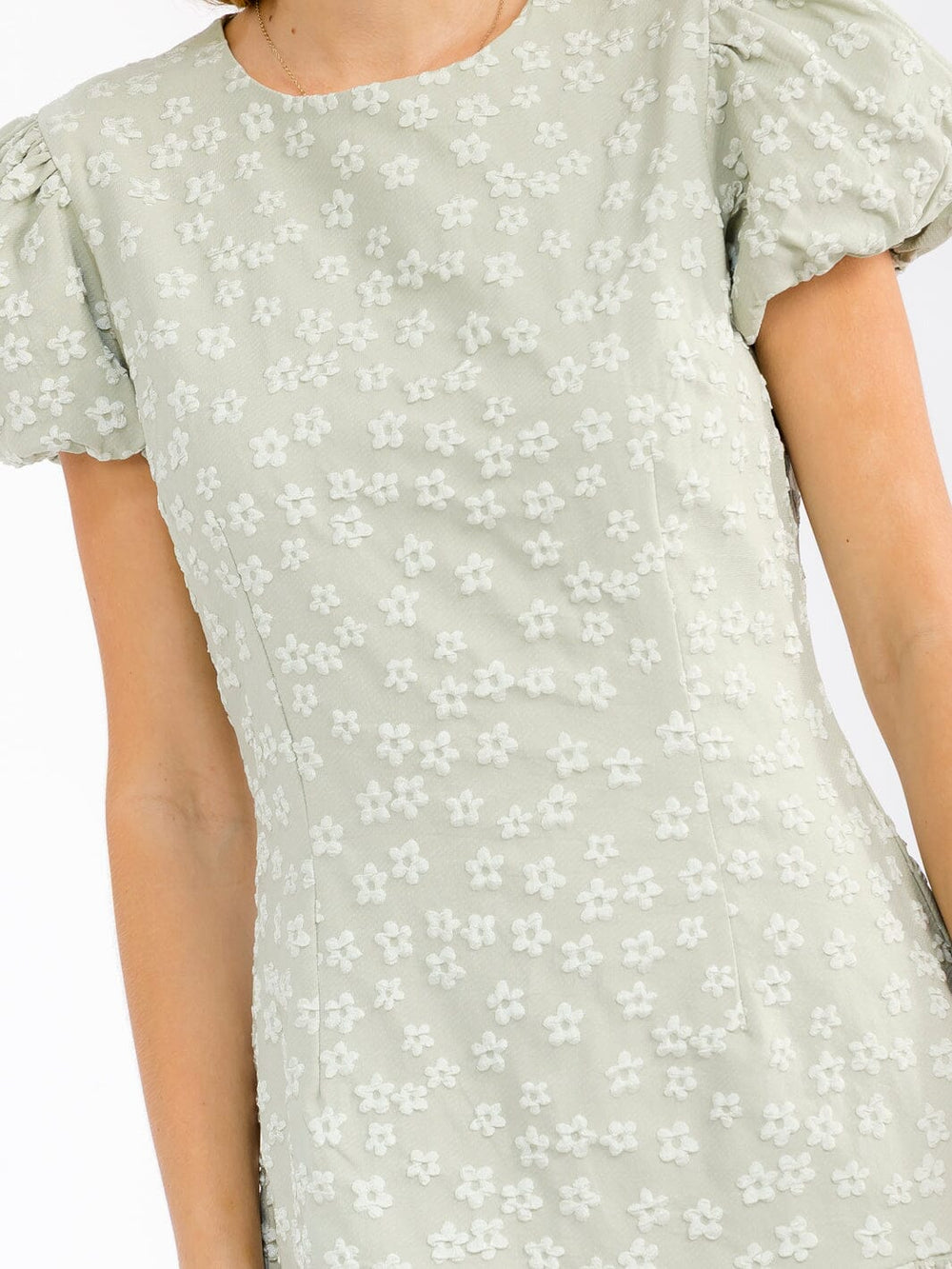 WOMEN'S SHORT PUFF SLEEVE RUFFLE BOTTOM HEM FLORAL DETAILED MINI DRESS