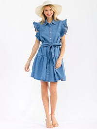 WOMEN'S RUFFLE SLEEVES BUTTON UP SELF TIE DENIM MINI DRESS