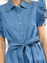 WOMEN'S RUFFLE SLEEVES BUTTON UP SELF TIE DENIM MINI DRESS