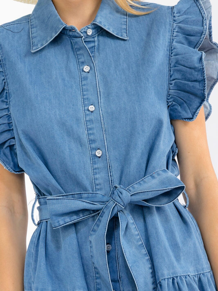 WOMEN'S RUFFLE SLEEVES BUTTON UP SELF TIE DENIM MINI DRESS