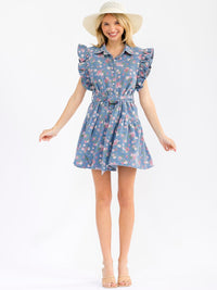 WOMEN'S RUFFLE SLEEVES BUTTON UP SELF TIE FLORAL DENIM MINI DRESS