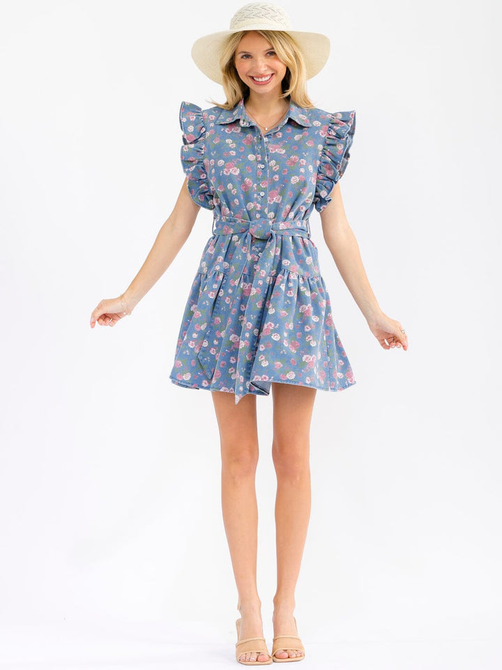 WOMEN'S RUFFLE SLEEVES BUTTON UP SELF TIE FLORAL DENIM MINI DRESS