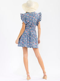 WOMEN'S RUFFLE SLEEVES BUTTON UP SELF TIE FLORAL DENIM MINI DRESS