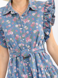 WOMEN'S RUFFLE SLEEVES BUTTON UP SELF TIE FLORAL DENIM MINI DRESS