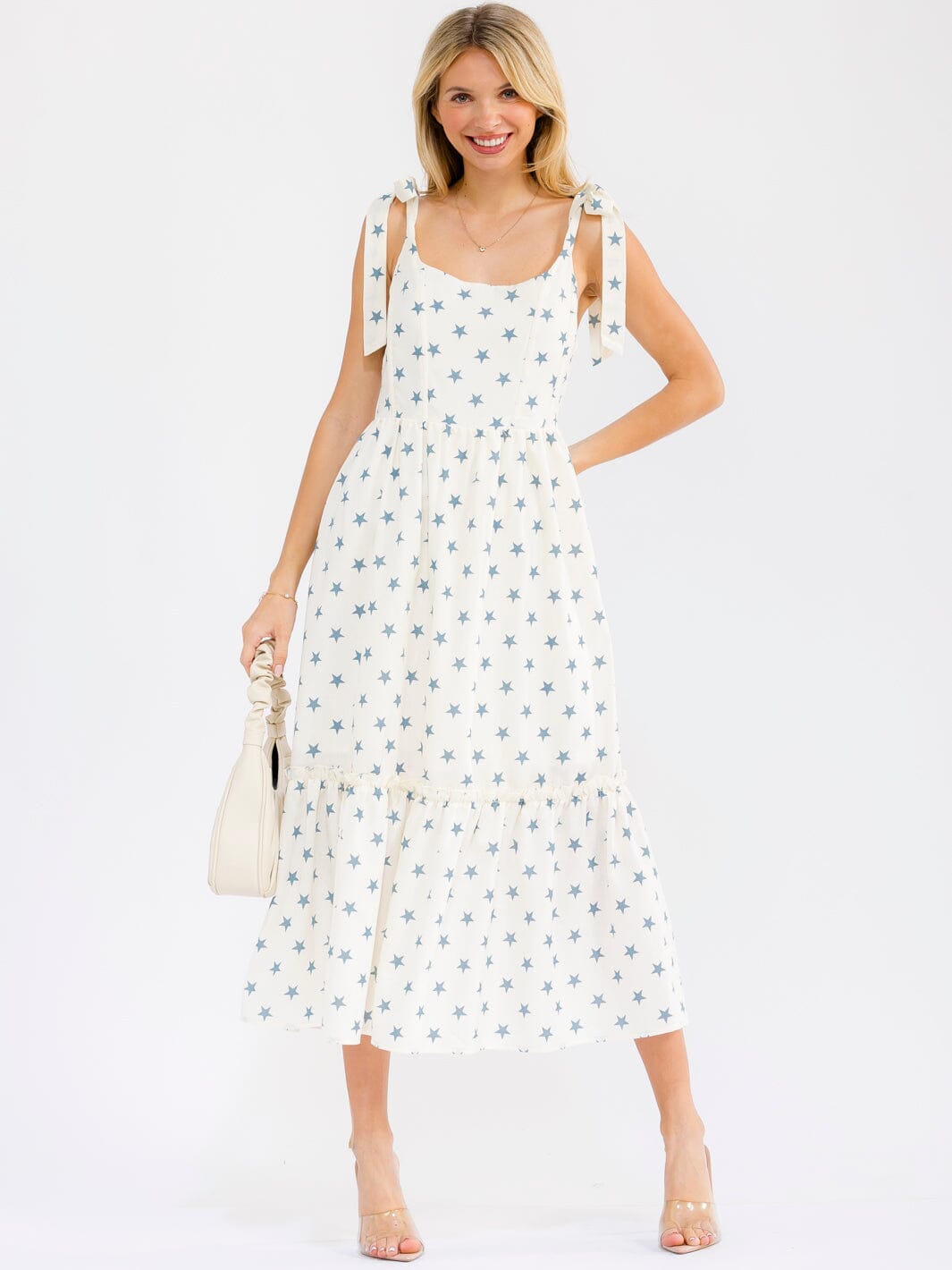 WOMEN'S SLEEVELESS SQUARE NECK FRONT POCKETS STARS PRINT DENIM MAXI DRESS