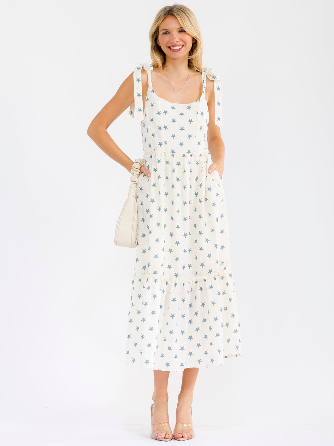 WOMEN'S SLEEVELESS SQUARE NECK FRONT POCKETS STARS PRINT DENIM MAXI DRESS