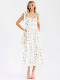 WOMEN'S SLEEVELESS SQUARE NECK FRONT POCKETS STARS PRINT DENIM MAXI DRESS