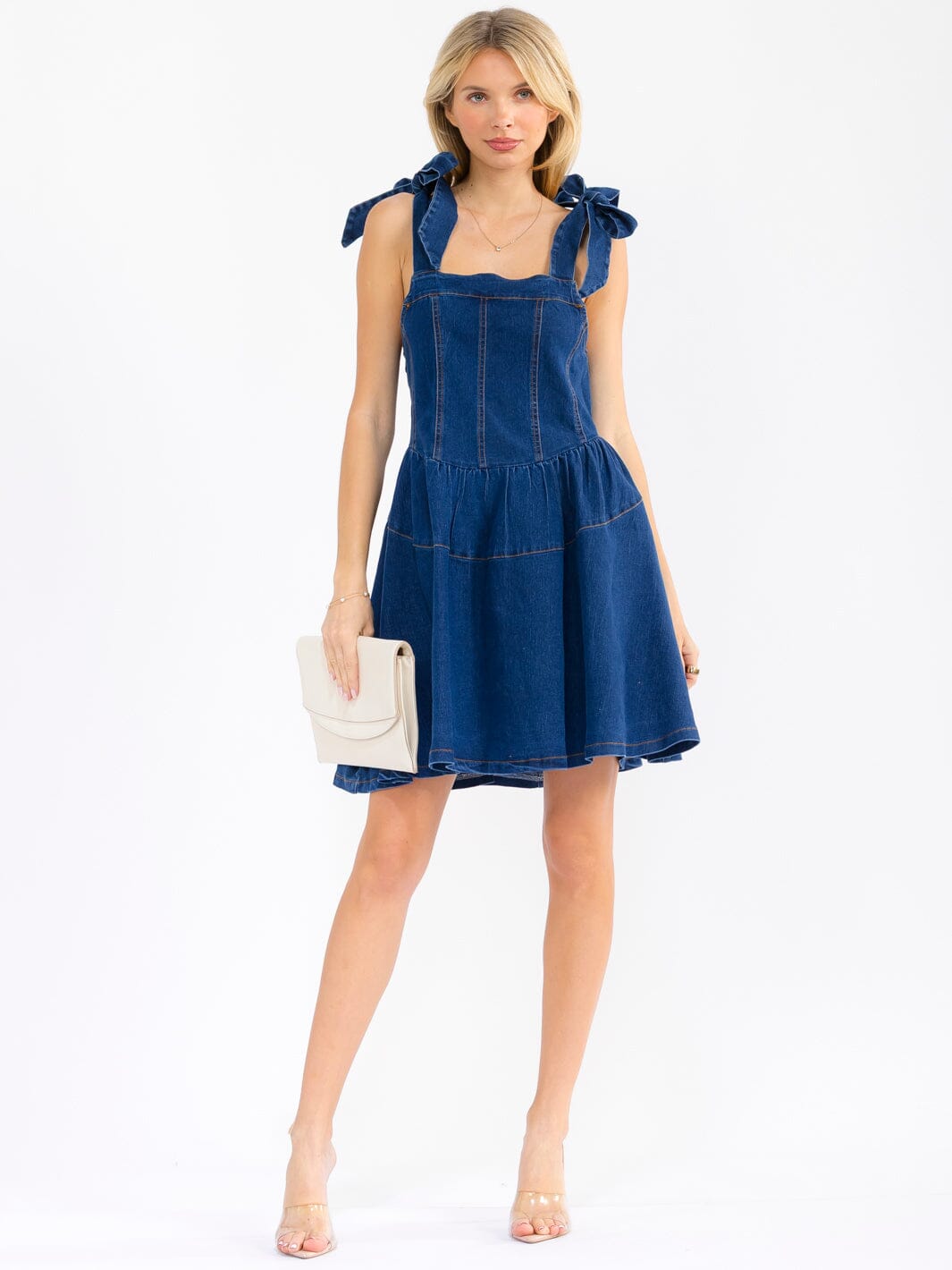 WOMEN'S SLEEVELESS SQUARE NECK FIT & FLARE DENIM MINI DRESS