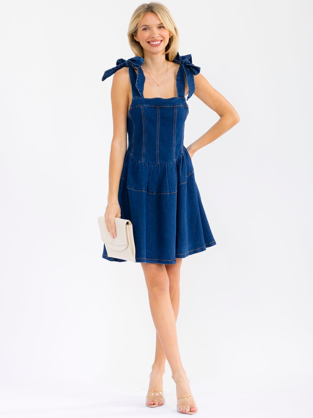 WOMEN'S SLEEVELESS SQUARE NECK FIT & FLARE DENIM MINI DRESS