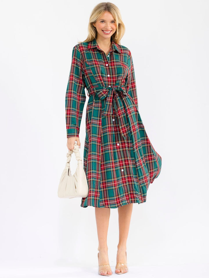 WOMEN'S LONG SLEEVE BUTTON UP FRONT POCKETS SELF TIE MIDI DRESS