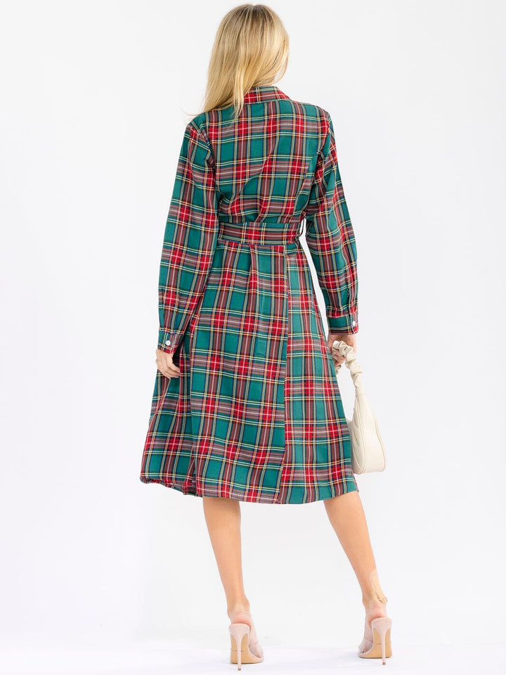 WOMEN'S LONG SLEEVE BUTTON UP FRONT POCKETS SELF TIE MIDI DRESS