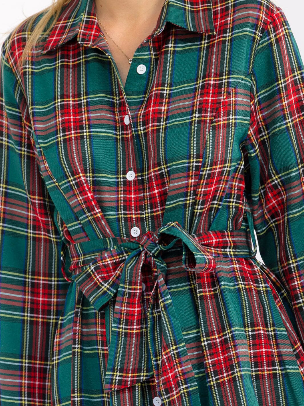 WOMEN'S LONG SLEEVE BUTTON UP FRONT POCKETS SELF TIE MIDI DRESS