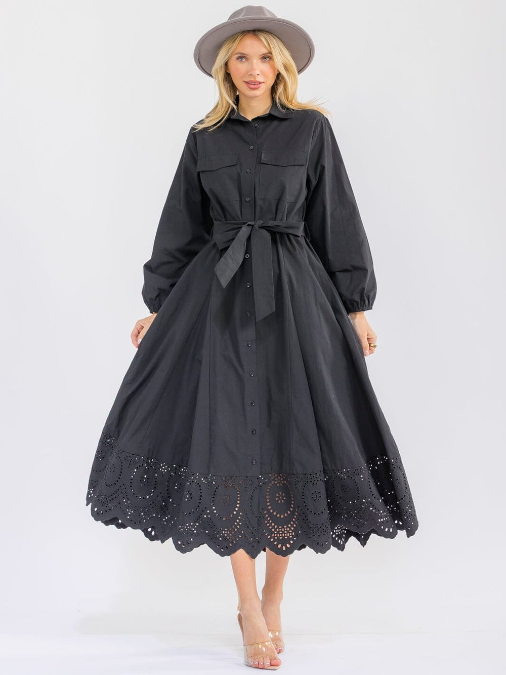 WOMEN'S LONG SLEEVE BUTTON UP FRONT POCKETS SELF TIE CROCHET BOTTOM HEM MAXI DRESS