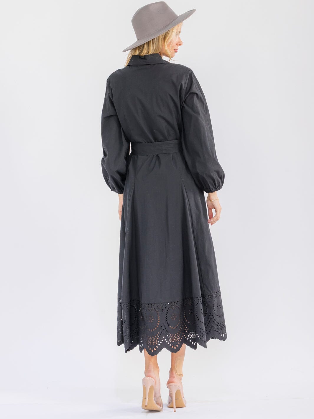 WOMEN'S LONG SLEEVE BUTTON UP FRONT POCKETS SELF TIE CROCHET BOTTOM HEM MAXI DRESS