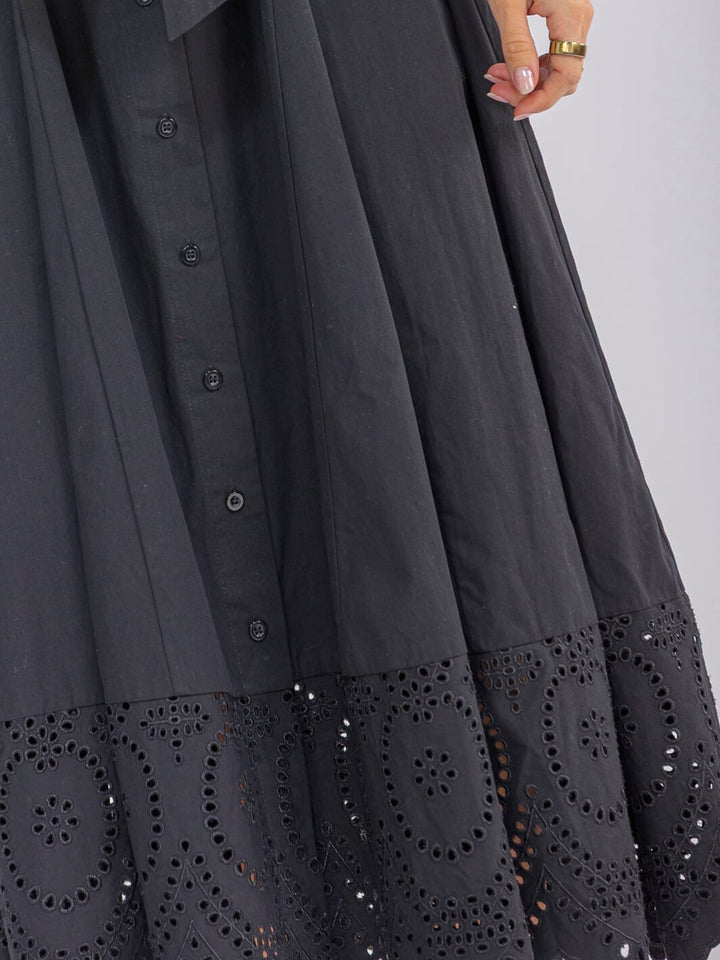 WOMEN'S LONG SLEEVE BUTTON UP FRONT POCKETS SELF TIE CROCHET BOTTOM HEM MAXI DRESS