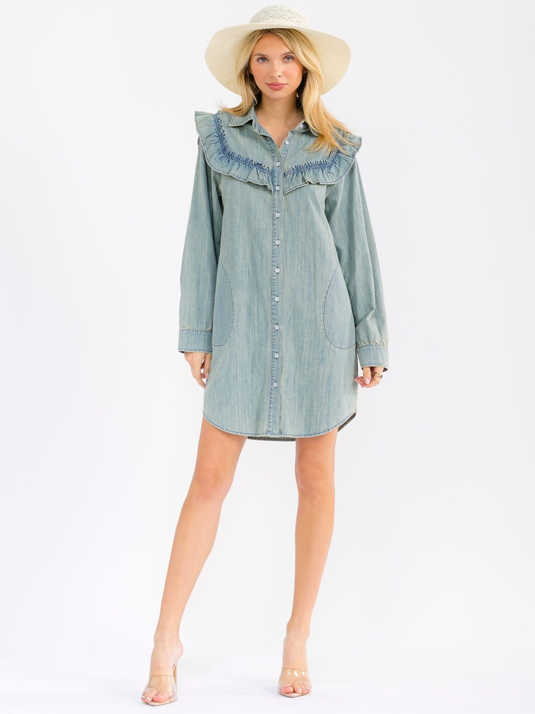 WOMEN'S LONG SLEEVE FRONT POCKETS RUFFLE WASHED DENIM MINI DRESS