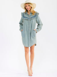 WOMEN'S LONG SLEEVE FRONT POCKETS RUFFLE WASHED DENIM MINI DRESS
