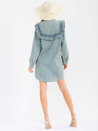 WOMEN'S LONG SLEEVE FRONT POCKETS RUFFLE WASHED DENIM MINI DRESS