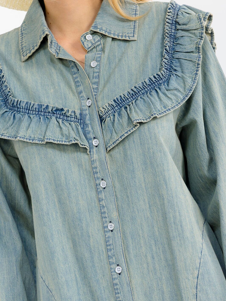 WOMEN'S LONG SLEEVE FRONT POCKETS RUFFLE WASHED DENIM MINI DRESS