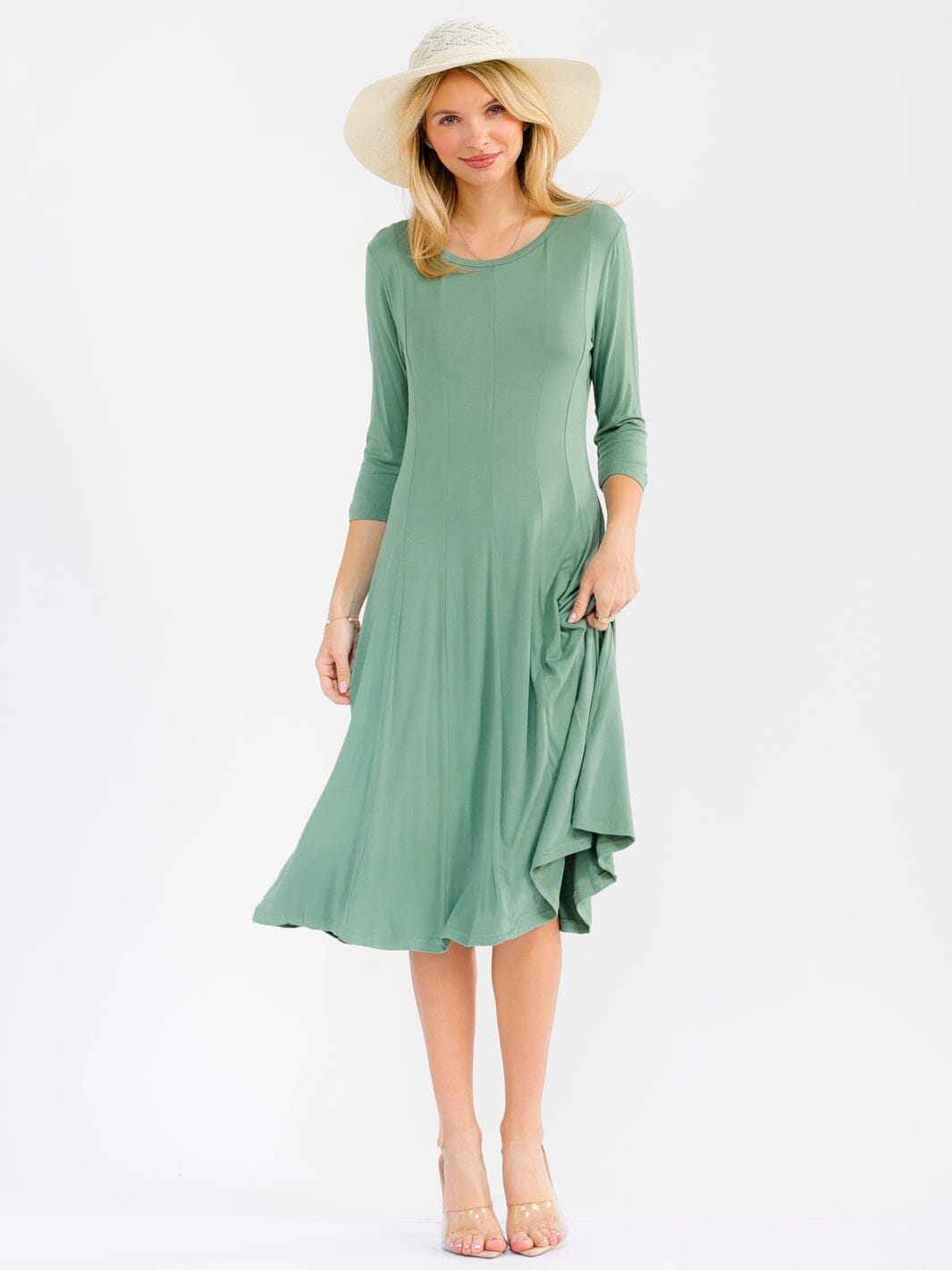WOMEN'S 3/4 SLEEVE FIT & FLARE SOLID MIDI DRESS