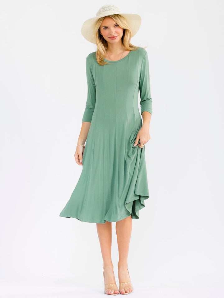WOMEN'S 3/4 SLEEVE FIT & FLARE SOLID MIDI DRESS