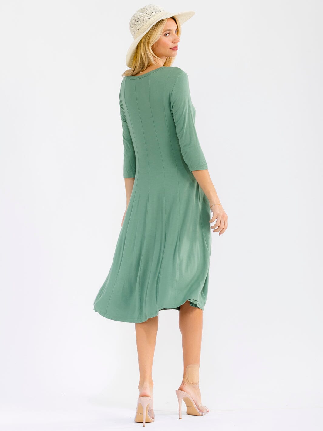 WOMEN'S 3/4 SLEEVE FIT & FLARE SOLID MIDI DRESS