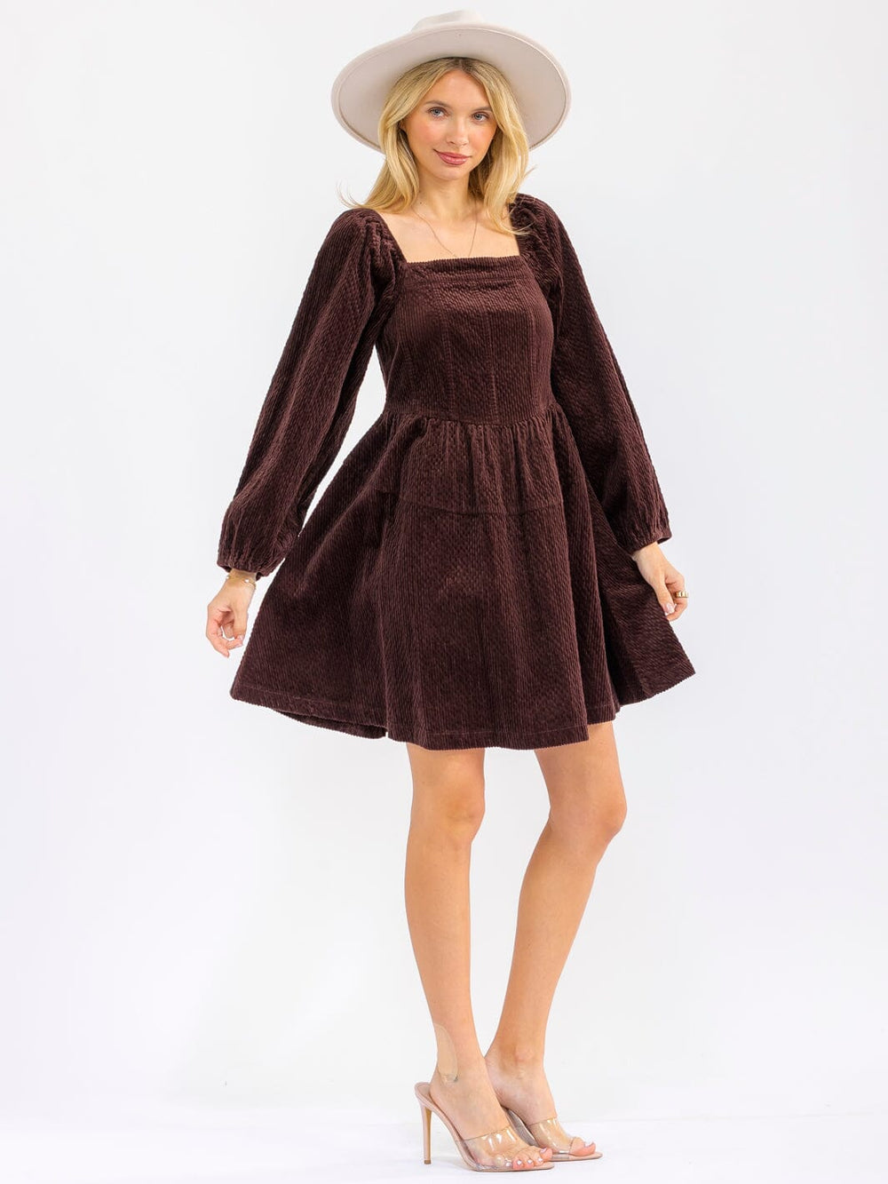 WOMEN'S LONG SLEEVE SQUARE NECK FIT & FLARE CORDUROY MINI DRESS