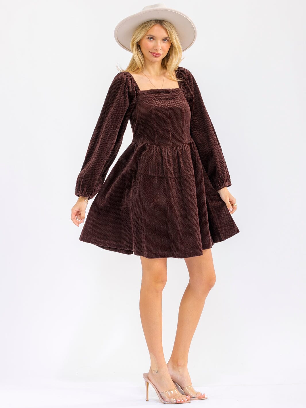 WOMEN'S LONG SLEEVE SQUARE NECK FIT & FLARE CORDUROY MINI DRESS