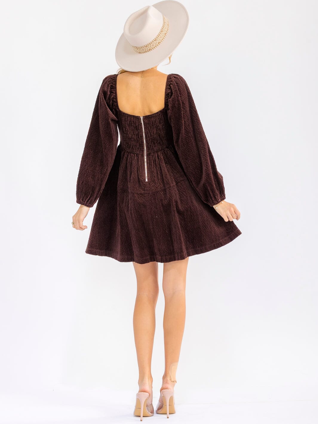 WOMEN'S LONG SLEEVE SQUARE NECK FIT & FLARE CORDUROY MINI DRESS