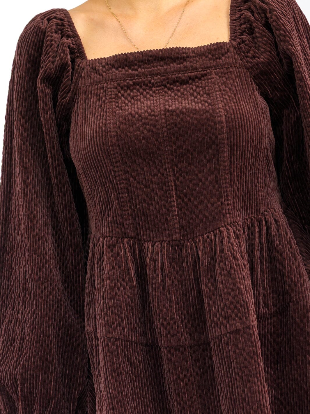 WOMEN'S LONG SLEEVE SQUARE NECK FIT & FLARE CORDUROY MINI DRESS