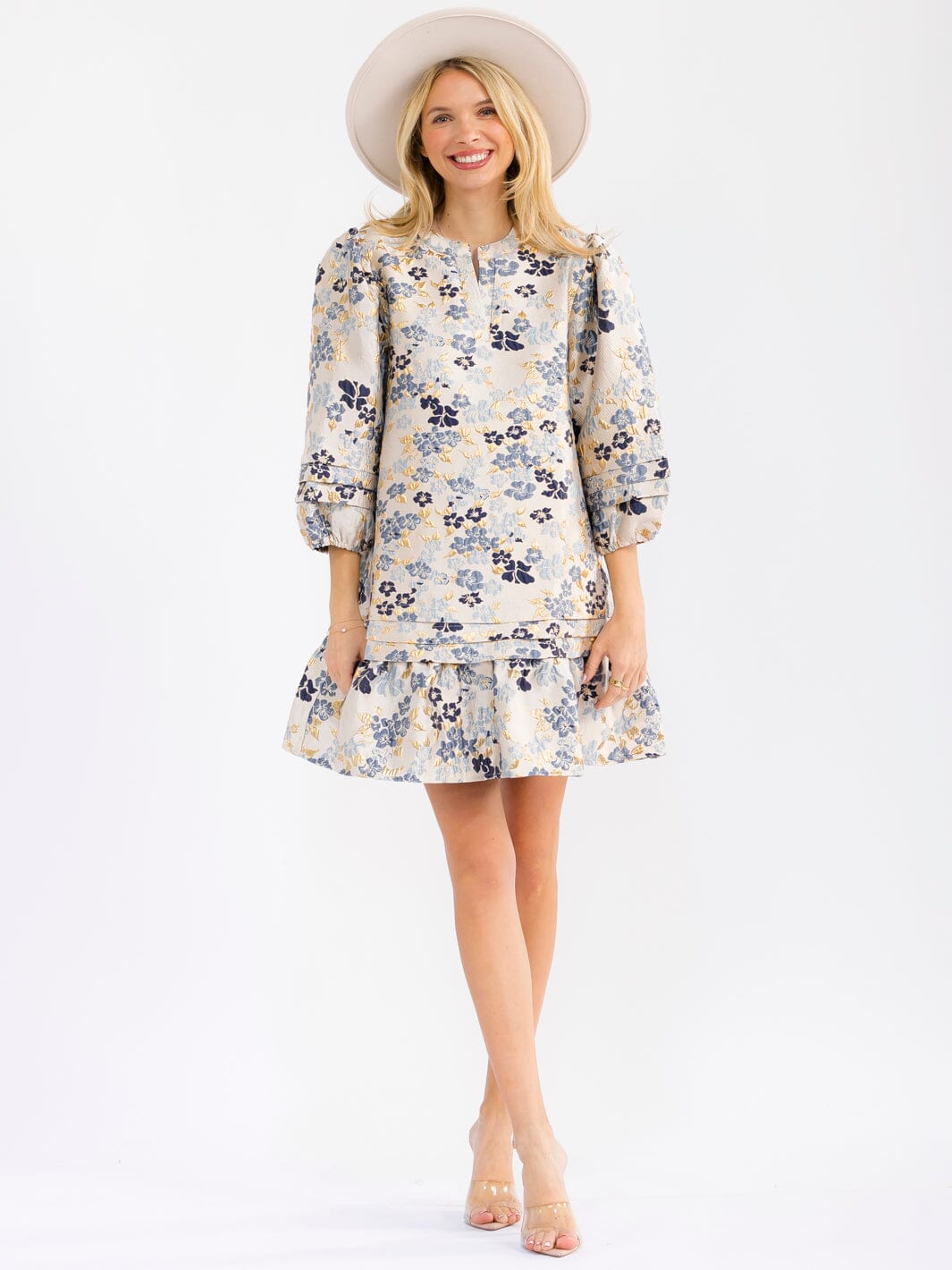 WOMEN'S 3/4 SLEEVE V-NECK FRONT POCKETS LOOSE FIT FLORAL MINI DRESS