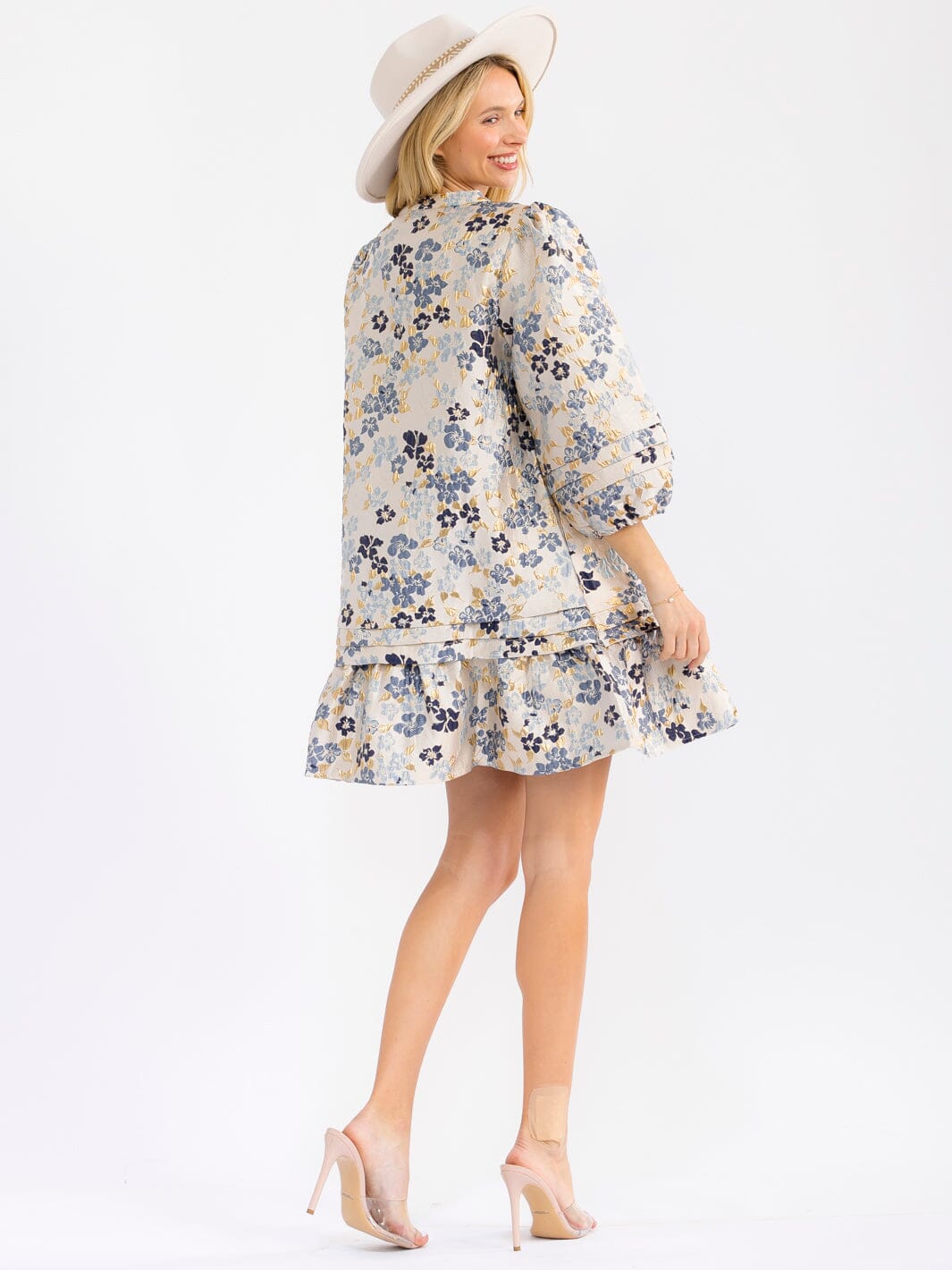 WOMEN'S 3/4 SLEEVE V-NECK FRONT POCKETS LOOSE FIT FLORAL MINI DRESS