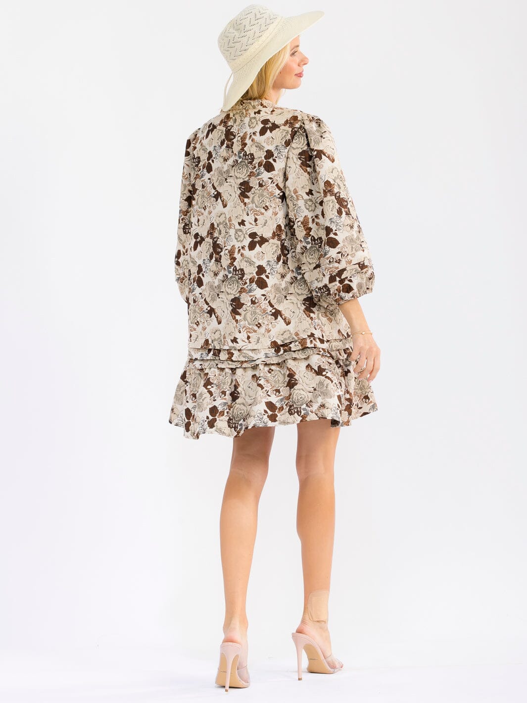 WOMEN'S 3/4 SLEEVE V-NECK FRONT POCKETS LOOSE FIT FLORAL MINI DRESS