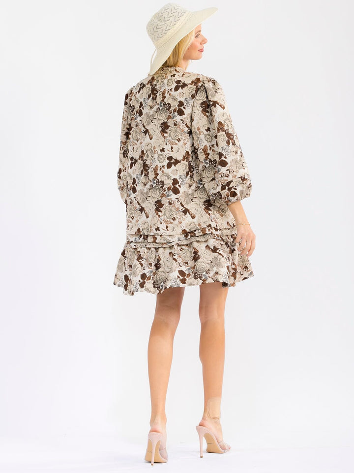 WOMEN'S 3/4 SLEEVE V-NECK FRONT POCKETS LOOSE FIT FLORAL MINI DRESS