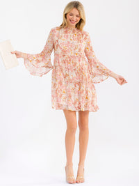 WOMEN'S LONG BELL SLEEVE MOCK NECK FLORAL MINI DRESS