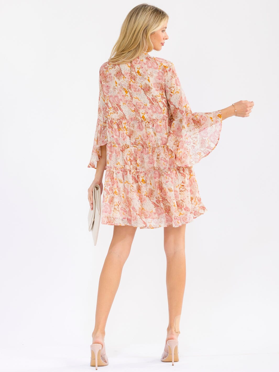 WOMEN'S LONG BELL SLEEVE MOCK NECK FLORAL MINI DRESS