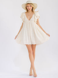 WOMEN'S SHORT PUFF SLEEVE V-NECK LOOSE FIT DETAILED MINI DRESS