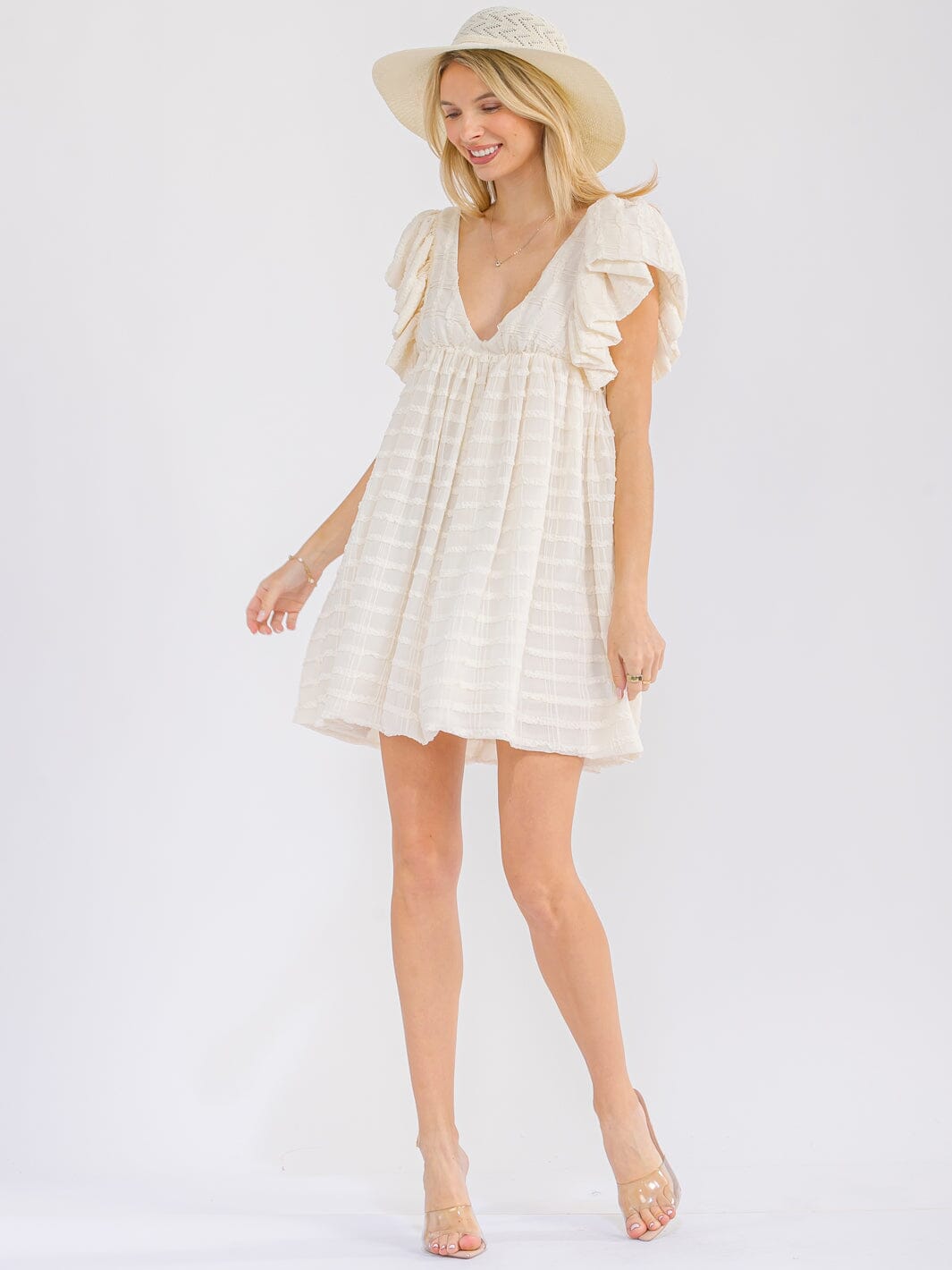 WOMEN'S SHORT PUFF SLEEVE V-NECK LOOSE FIT DETAILED MINI DRESS