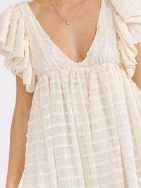 WOMEN'S SHORT PUFF SLEEVE V-NECK LOOSE FIT DETAILED MINI DRESS
