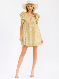 WOMEN'S SHORT PUFF SLEEVE V-NECK LOOSE FIT FLORAL MINI DRESS