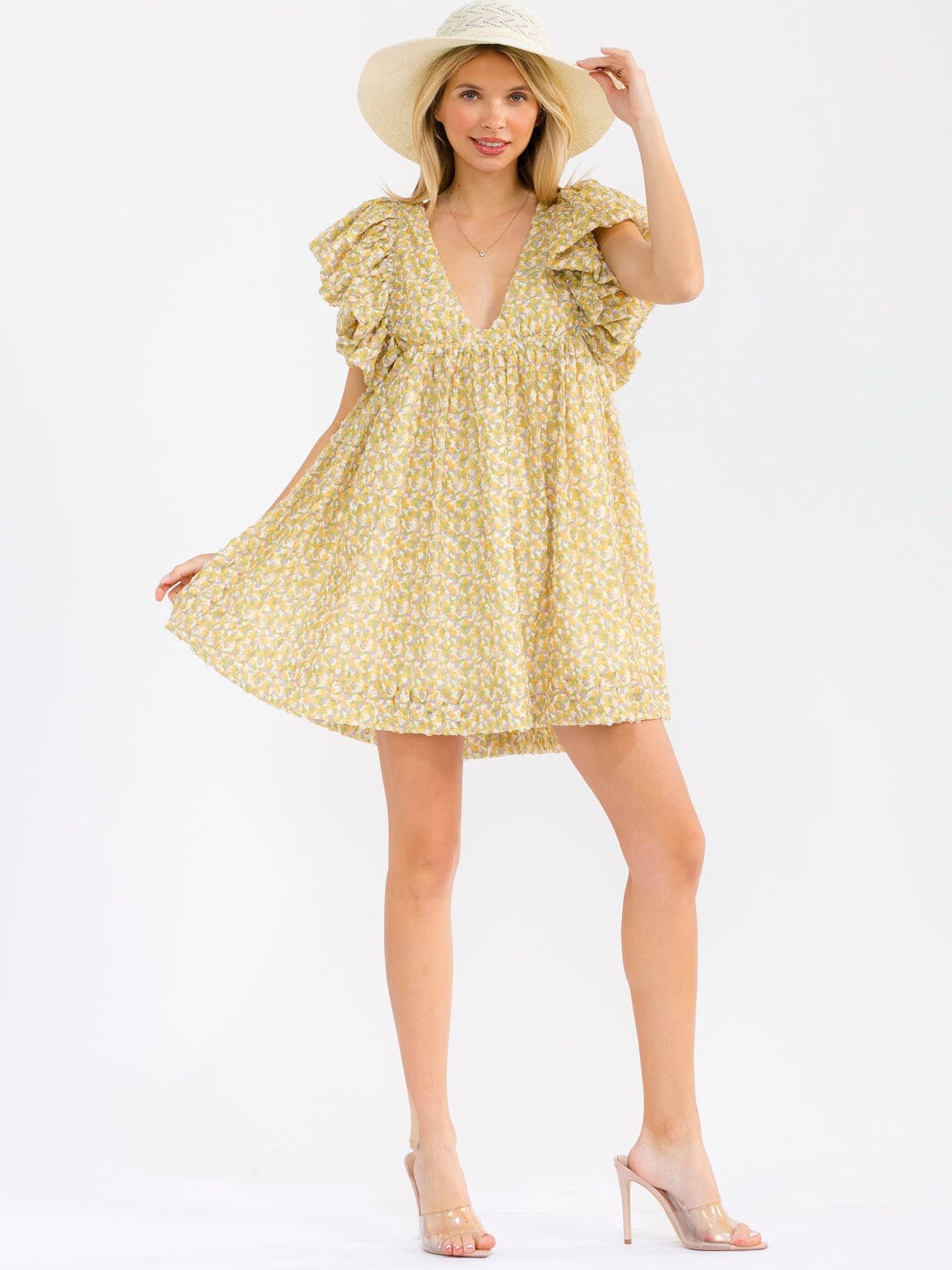 WOMEN'S SHORT PUFF SLEEVE V-NECK LOOSE FIT FLORAL MINI DRESS