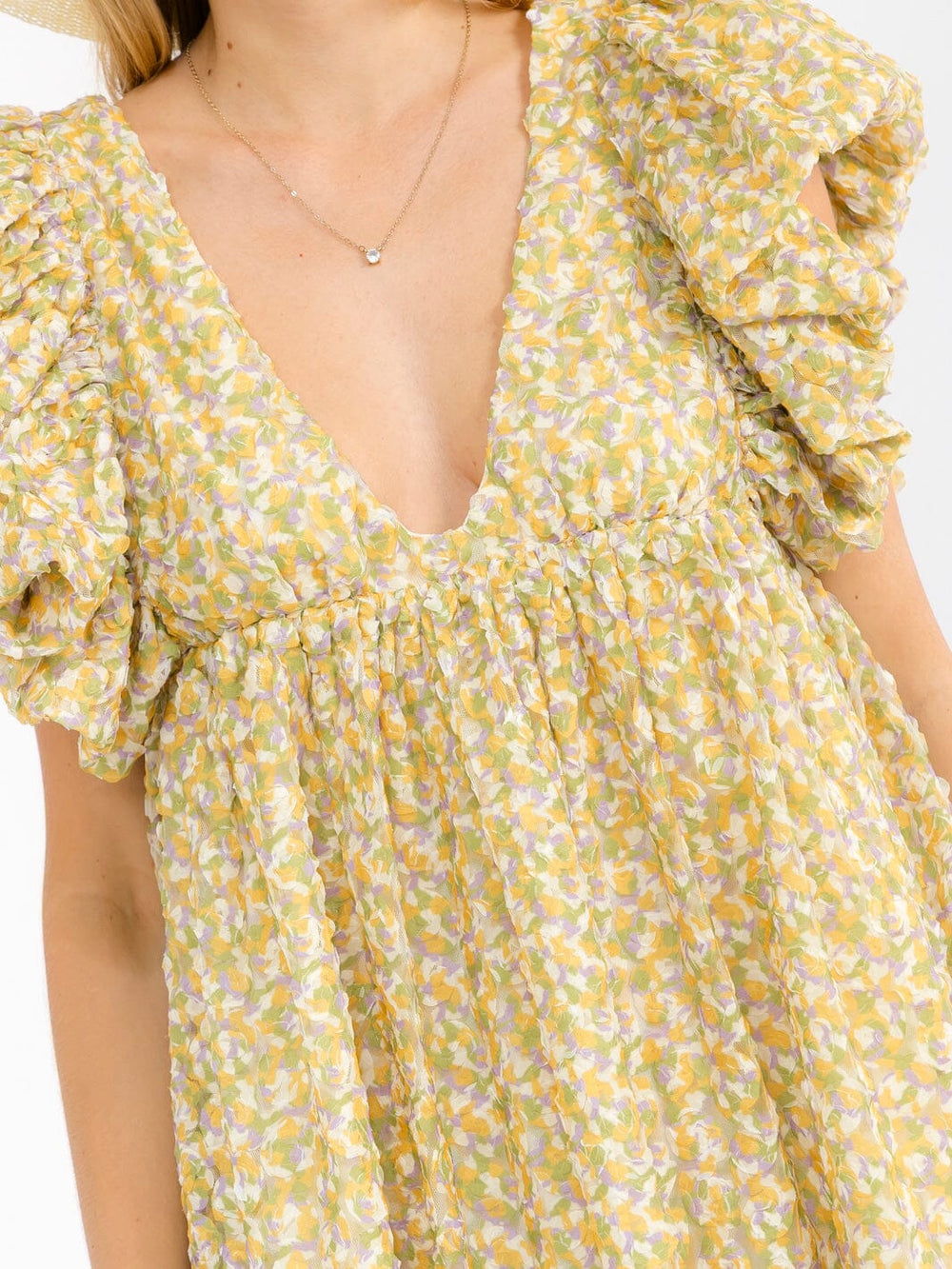 WOMEN'S SHORT PUFF SLEEVE V-NECK LOOSE FIT FLORAL MINI DRESS