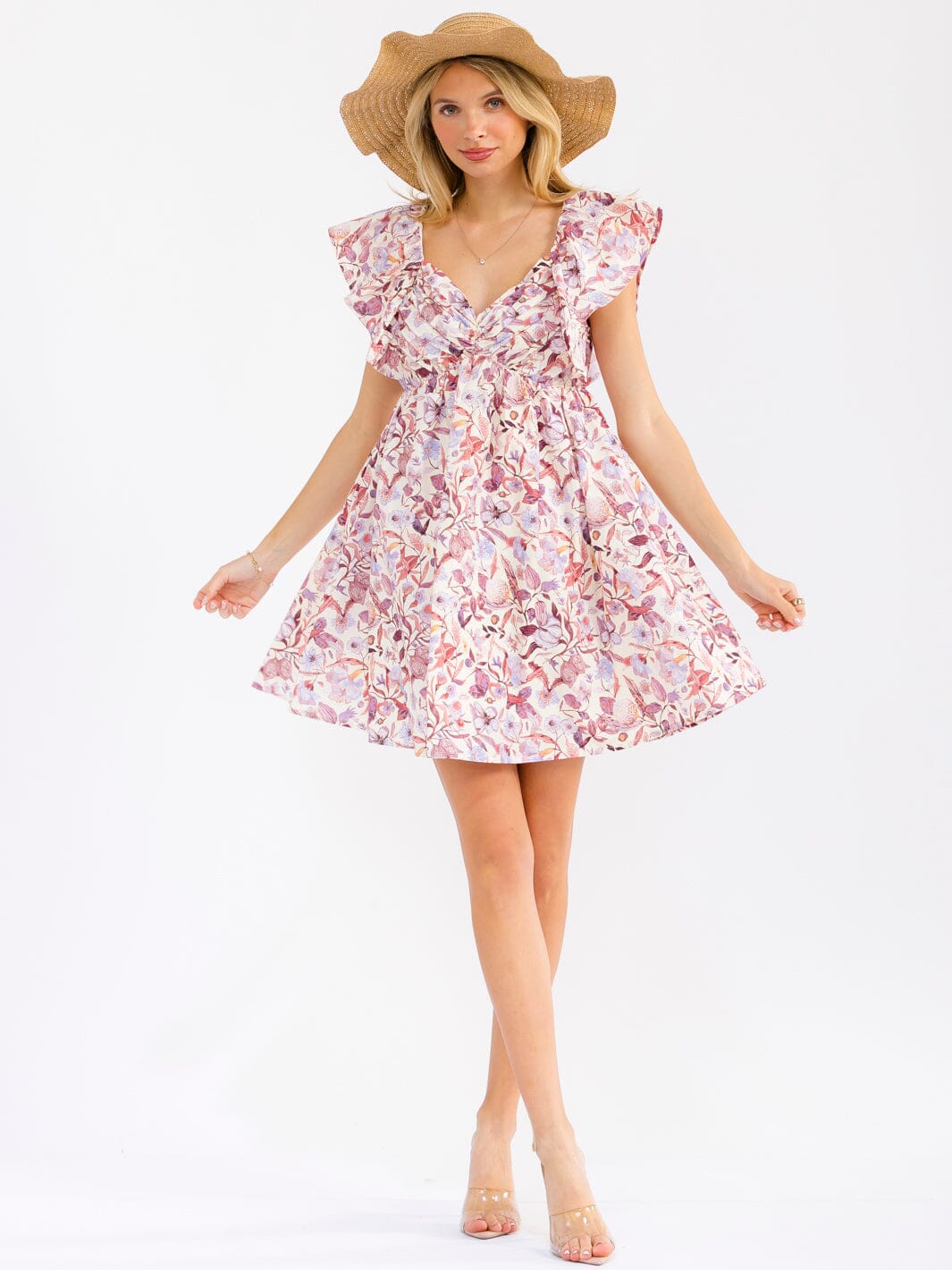 WOMEN'S RUFFLE SLEEVE V-NECK SMOCK FRONT POCKETS FLORAL MINI DRESS