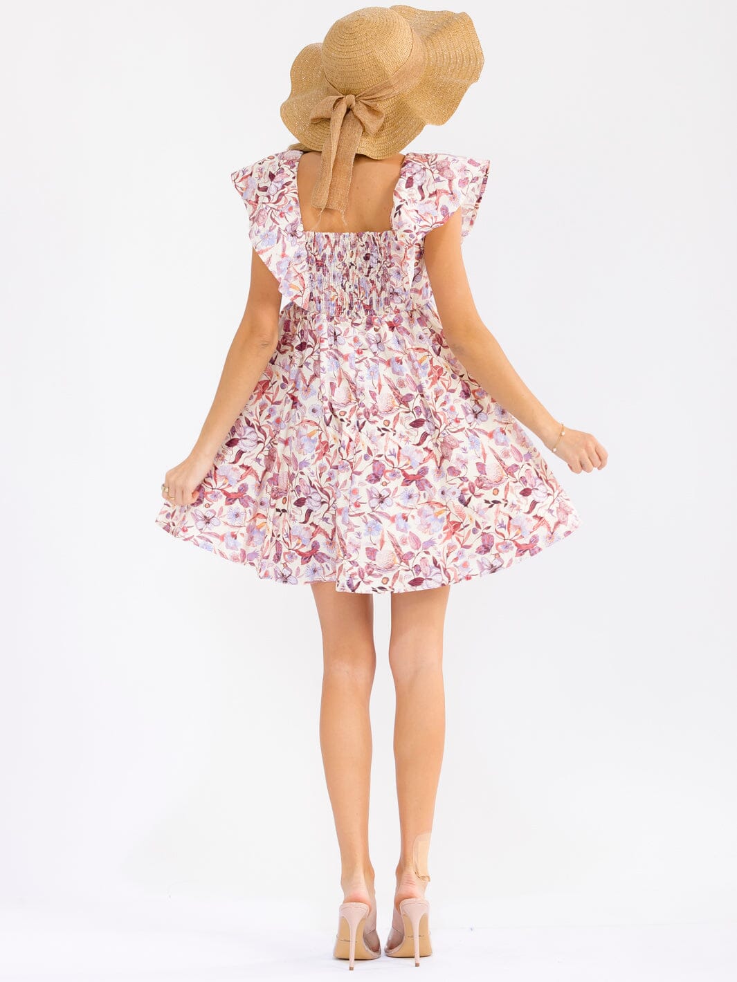 WOMEN'S RUFFLE SLEEVE V-NECK SMOCK FRONT POCKETS FLORAL MINI DRESS