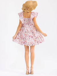 WOMEN'S RUFFLE SLEEVE V-NECK SMOCK FRONT POCKETS FLORAL MINI DRESS