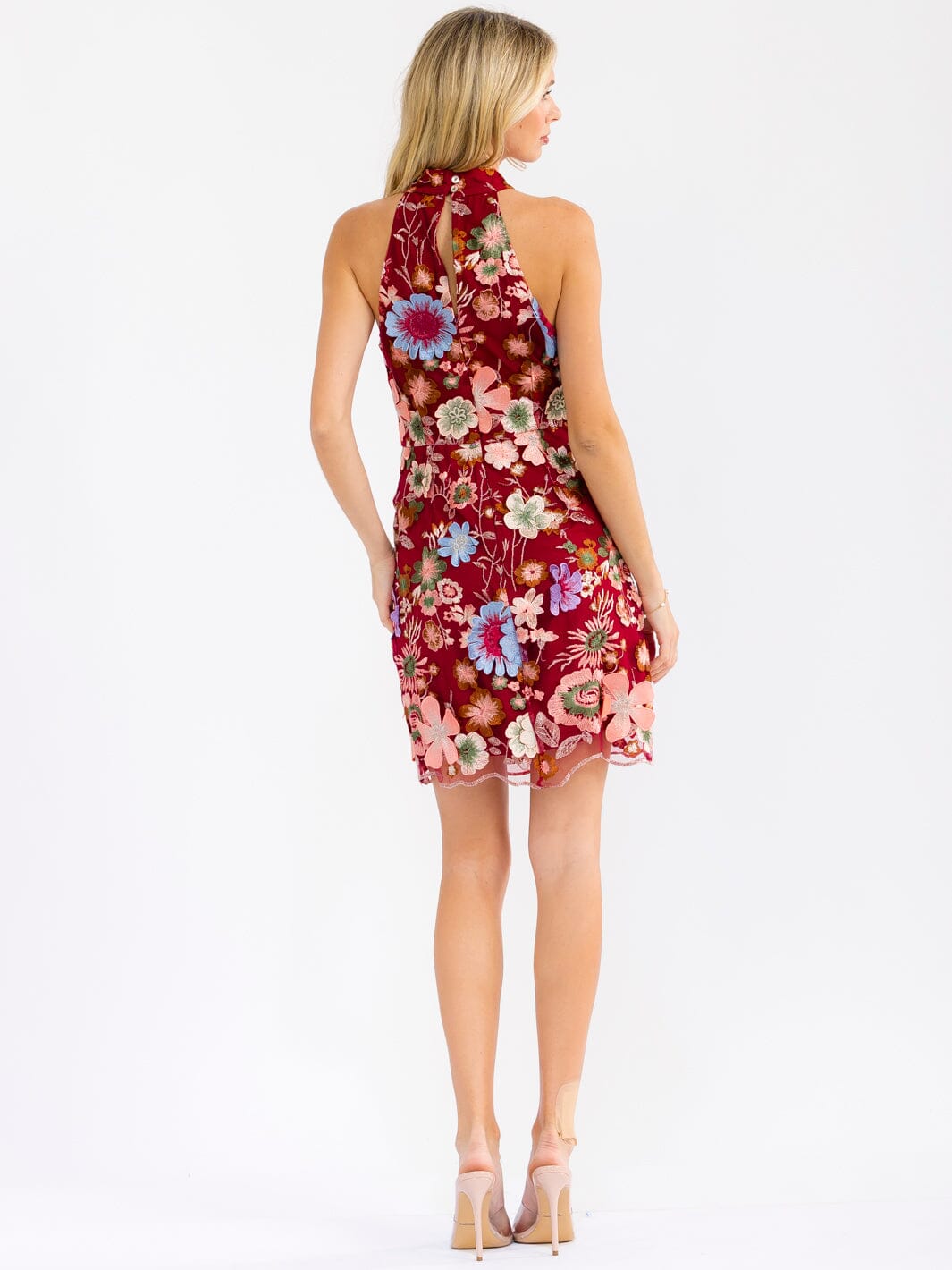 WOMEN'S SLEEVELESS HALTER NECK FLORAL BODYCON MINI DRESS