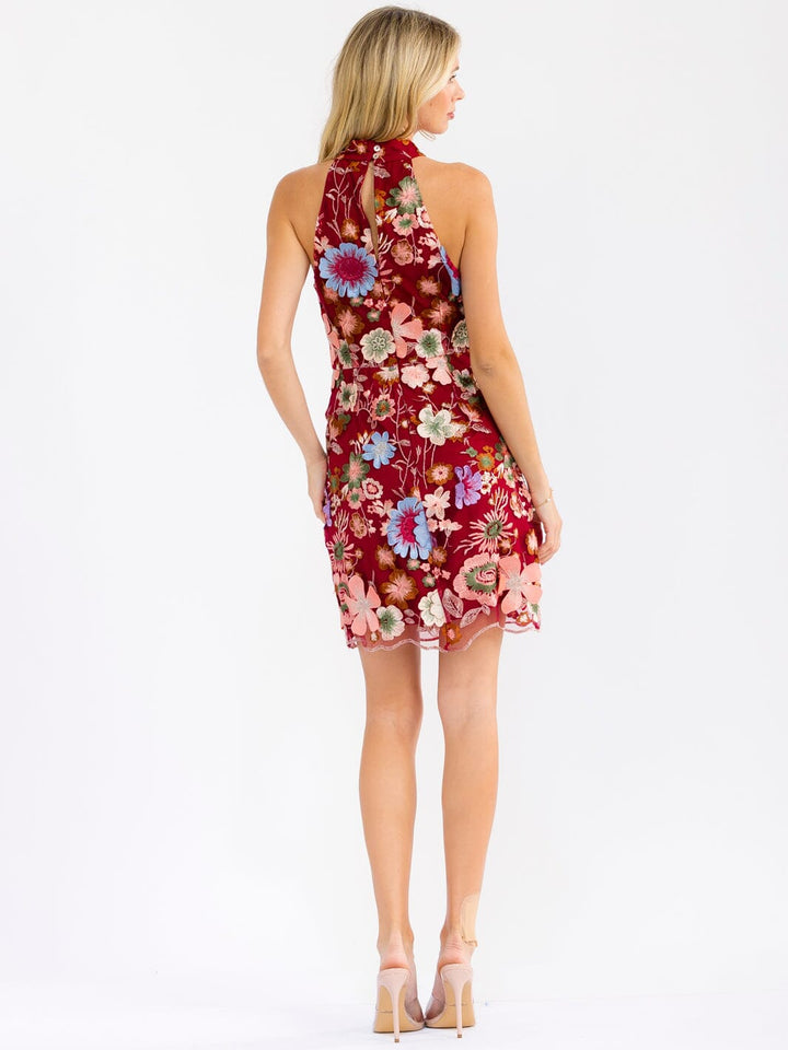 WOMEN'S SLEEVELESS HALTER NECK FLORAL BODYCON MINI DRESS